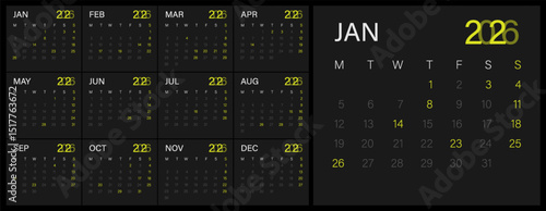 Calendar 2026 year - vector illustration. Week starts on Monday. Calendar Set for 2026 year. Calendar 2026 week start Monday corporate design template vector. Desk calendar 2026.