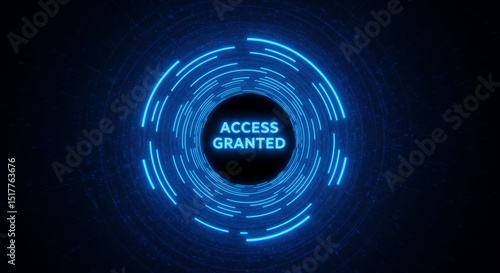 Futuristic digital interface with glowing blue circular patterns and access granted message