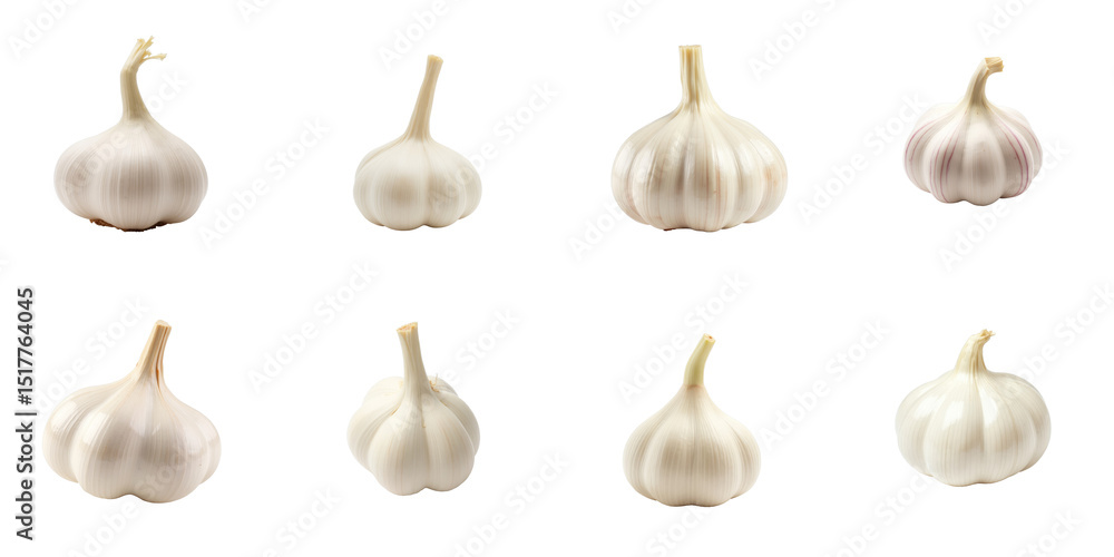 Various garlic bulbs isolated on transparent background displaying multiple angles and shapes with high detail and clarity suitable for culinary or advertising purposes. Various garlic bulbs isolated on transparent background displaying multiple angles and shapes with high detail and clarity suitable for culinary or advertising purposes.