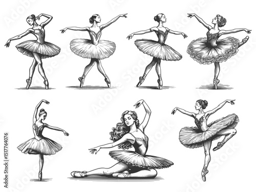 ballerina Ballet Dancer Set collection bundle sketch engraving generative ai vector illustration. Scratch board imitation. Black and white image.