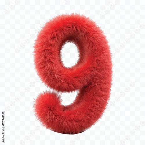 abstract 3d hairy fluffy font number 9 in different color style  isolated on transparent background