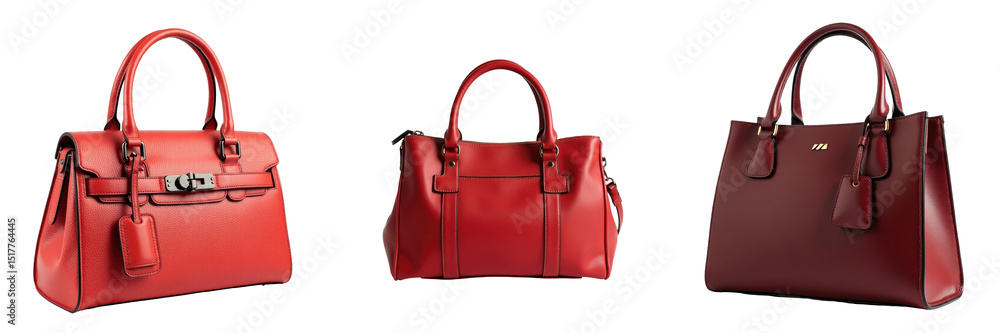 Collection of three red women's handbags displayed on a transparent background, featuring different designs and styles, isolated for emphasis on details and craftsmanship. Collection of three red women's handbags displayed on a transparent background, featuring different designs and styles, isolated for emphasis on details and craftsmanship.