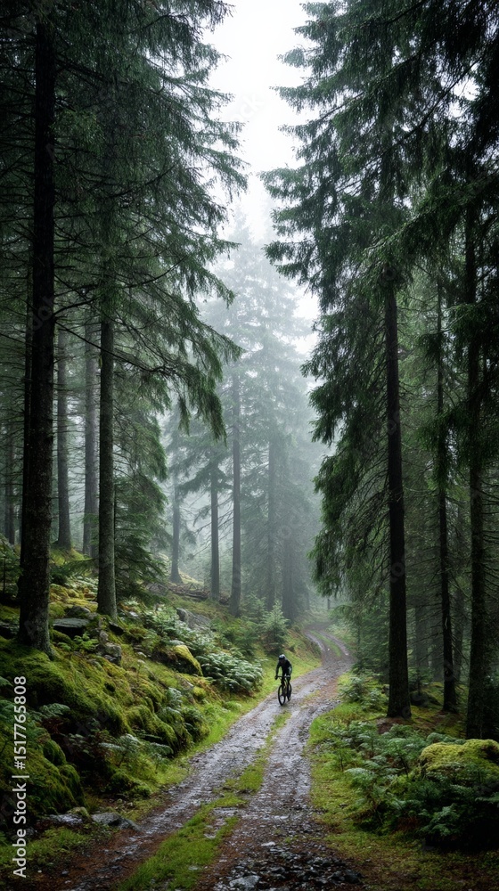 Obraz premium Misty forest trail adventure with cyclist among tall pine trees