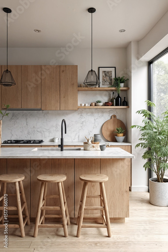 Modern interior design with wooden chairs on scandinavian style kitchen counter