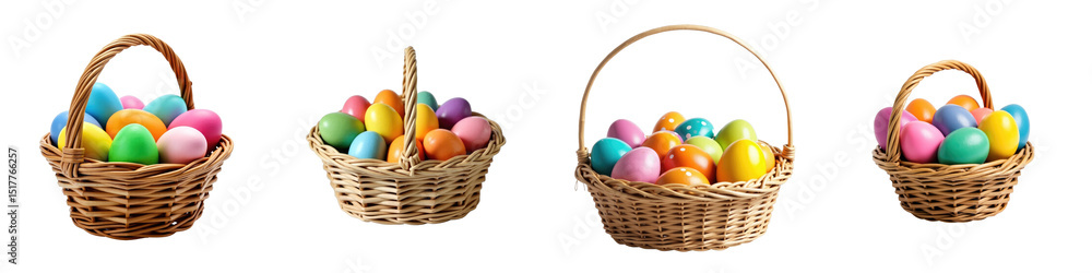 Colorful painted Easter eggs in various baskets isolated on transparent background for seasonal decorations and festive themes Colorful painted Easter eggs in various baskets isolated on transparent background for seasonal decorations and festive themes
