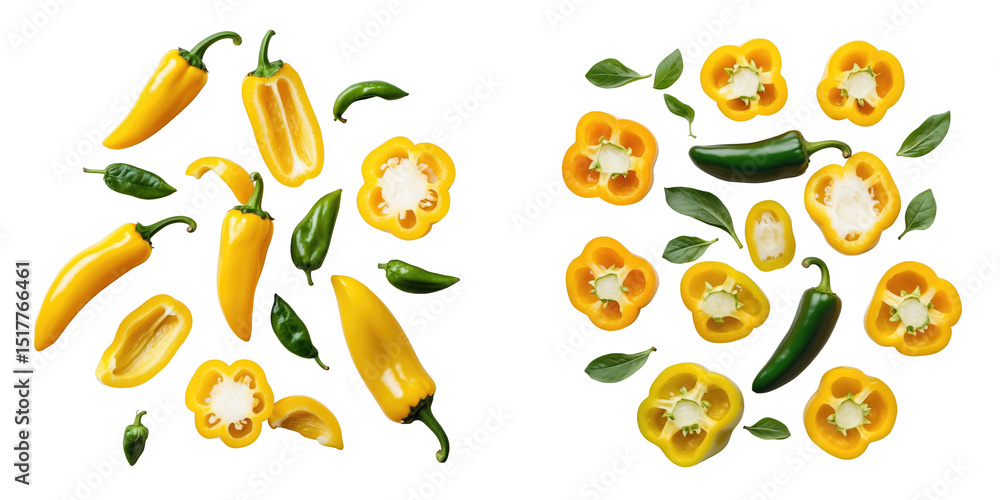 Variety of sliced yellow peppers and whole chili peppers arranged on a transparent background with green leaves for culinary and food design purposes. Variety of sliced yellow peppers and whole chili peppers arranged on a transparent background with green leaves for culinary and food design purposes.