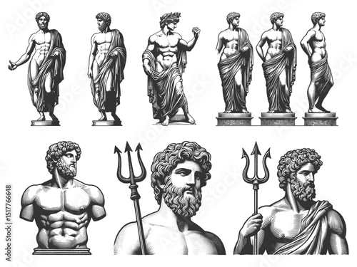 ancient statue Greco-Roman busts and sculptures Set collection bundle sketch engraving generative ai vector illustration. Scratch board imitation. Black and white image.