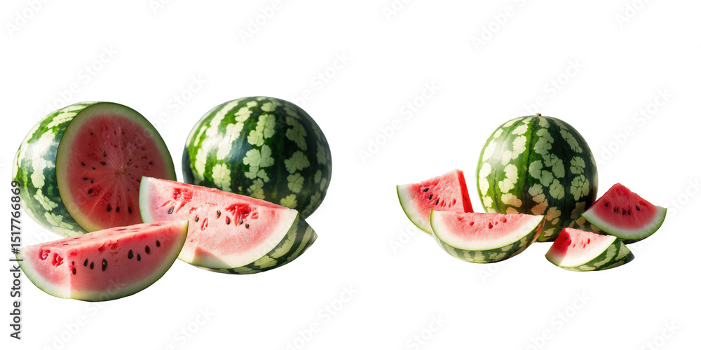 Fresh watermelon spheres and cut slices arranged on a transparent background showcasing vibrant pink flesh and green rind details with seed patterns. Fresh watermelon spheres and cut slices arranged on a transparent background showcasing vibrant pink flesh and green rind details with seed patterns.