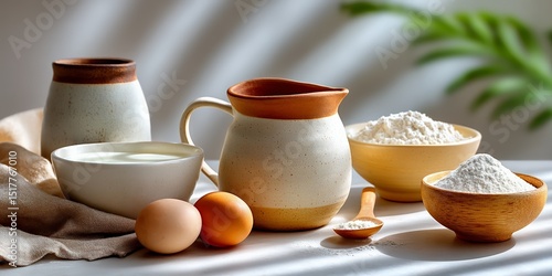 Wallpaper Mural Rustic kitchen scene with clay jugs, eggs, flour, and milk in sunlit setting Torontodigital.ca