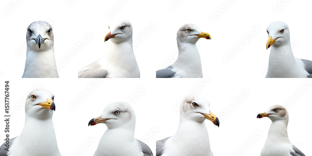 Fototapeta premium Close-up headshots of multiple seagulls in various profiles isolated on a transparent background with blurred backdrop for emphasis on the birds