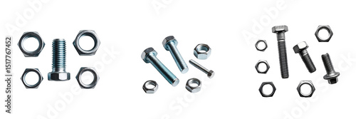 various metal bolts and nuts isolated on a transparent background arranged in three different groupings showcasing different sizes and styles of fasteners