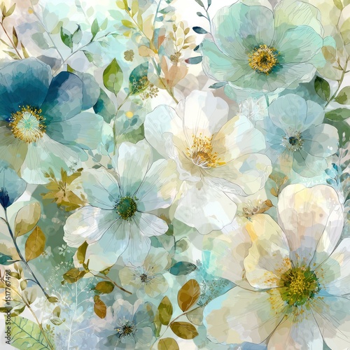 Whimsical Watercolor Background with Delicate Pastel Flowers and Foliage, Enchanting Photography Backdrop