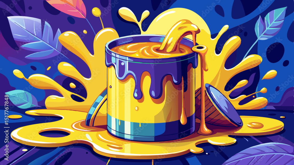 Can of yellow paint with a brush leaning on it. The paint is dripping from the can, creating a messy and artistic scene