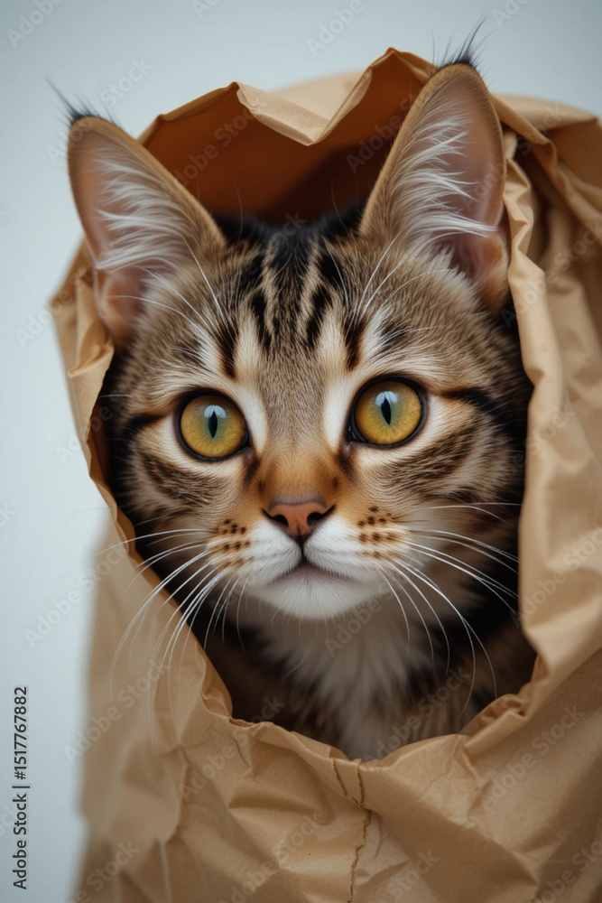Bag Eyes: A Close-up of A Tabby Cat with Yellow Eyes Peeking out From A Brown Paper Bag, Showcasing its Direct Gaze And Curious Nature. Bag Eyes: A Close-up of A Tabby Cat with Yellow Eyes Peeking out From A Brown Paper Bag, Showcasing its Direct Gaze And Curious Nature.