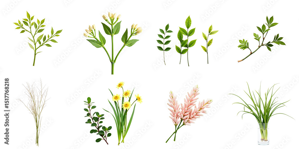 Obraz premium Assorted decorative plants and flowers isolated on a transparent background including leaves stems and blooms arranged in a grid pattern for versatile design use