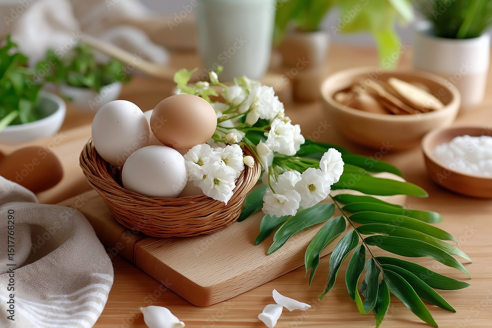 Rustic kitchen scene with fresh eggs, flowers, and greenery on wooden table Rustic kitchen scene with fresh eggs, flowers, and greenery on wooden table