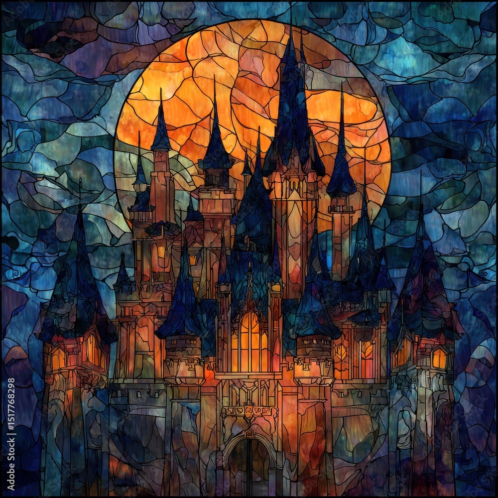 Stained Glass-Style Halloween Scene with Large Haunted House and Glowing Eyes in the Distance, Set Against Dark Blue Background with Bright, Vibrant Colors, Spooky and Atmospheric Illustration Stained Glass-Style Halloween Scene with Large Haunted House and Glowing Eyes in the Distance, Set Against Dark Blue Background with Bright, Vibrant Colors, Spooky and Atmospheric Illustration