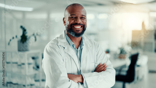 African man, arms crossed and smile at lab with pride for medical research, study and portrait. Mature person, scientist and happy with confidence for pharma development for vaccine in Nigeria photo