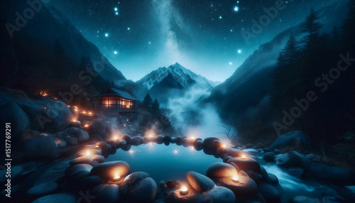 The hidden mountain hot spring at night, Ai generated image