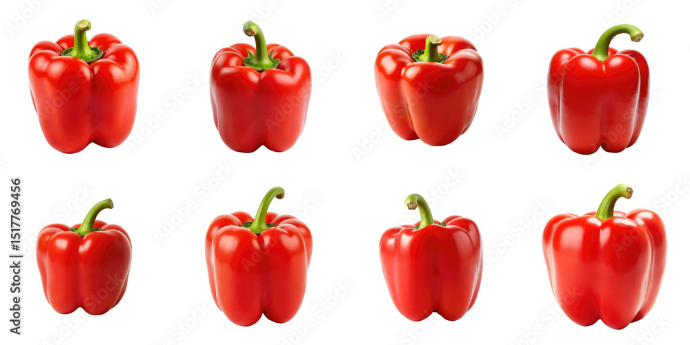 Various perspectives of red bell peppers isolated on a transparent background displaying vibrant colors and glossy textures ideal for culinary or food-related designs. Various perspectives of red bell peppers isolated on a transparent background displaying vibrant colors and glossy textures ideal for culinary or food-related designs.