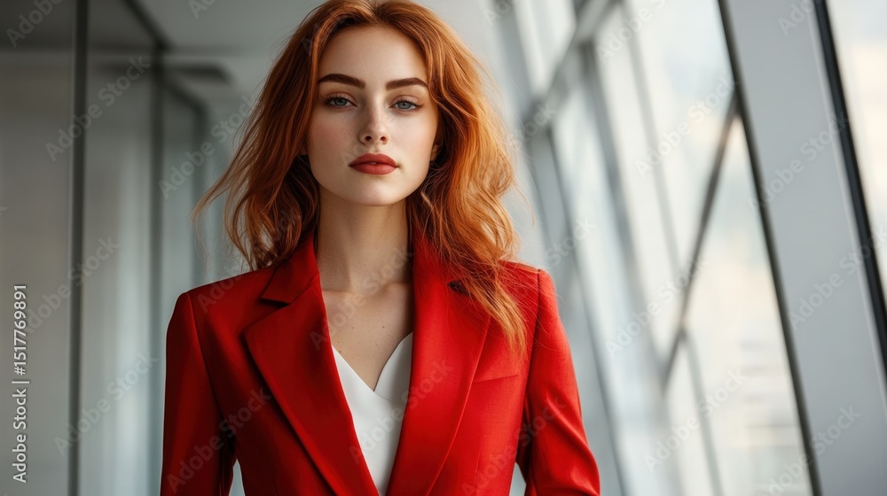 Woman in red business suit and blazer in modern minimalist style at office Woman in red business suit and blazer in modern minimalist style at office