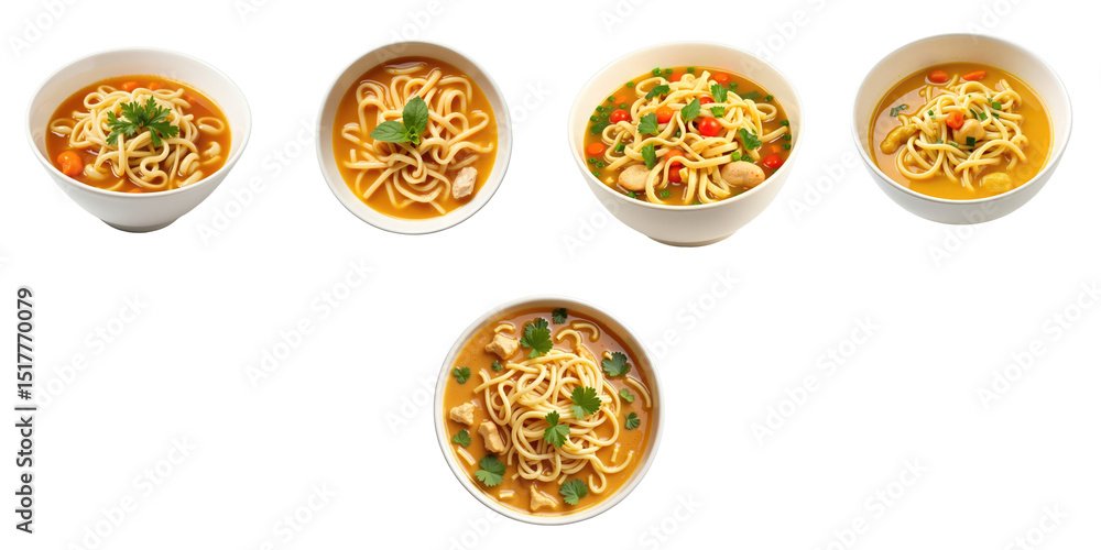Assorted bowls of chicken noodle soup with vegetables isolated on a transparent background displaying various angles and presentations of the dish. Assorted bowls of chicken noodle soup with vegetables isolated on a transparent background displaying various angles and presentations of the dish.