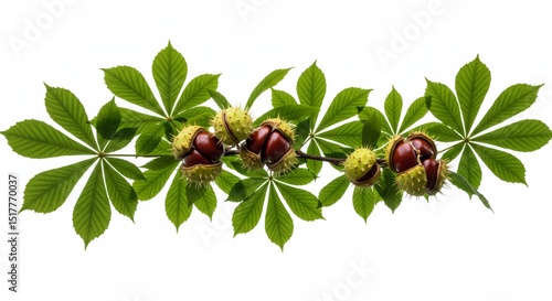 Autumn Delight: Close-up of Horse Chestnuts with Leaves on a White Background