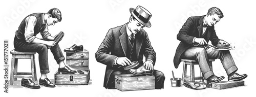 men polishing shoes using brushes and polish kits Set collection bundle sketch engraving generative ai vector illustration. Scratch board imitation. Black and white image.