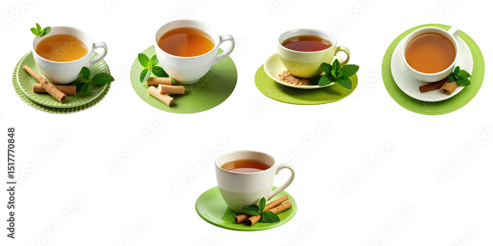 Various cups of mint tea presented with brown cane sugar and fresh mint on green plates, isolated against a transparent background. Various cups of mint tea presented with brown cane sugar and fresh mint on green plates, isolated against a transparent background.