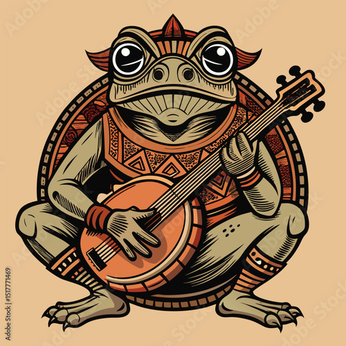 Cartoon Frog Playing Banjo with Geometric Pattern on a Beige Background