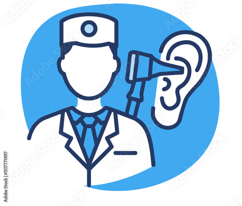 ENT doctor examining ear with otoscope in medical illustration  