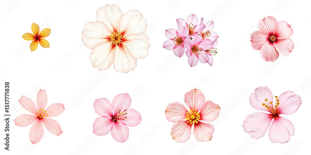 Various colorful flower blossoms isolated on transparent background, including pink and yellow petals in different shapes and sizes, highlighting floral diversity. Various colorful flower blossoms isolated on transparent background, including pink and yellow petals in different shapes and sizes, highlighting floral diversity.