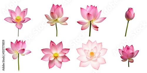 Fototapeta Naklejka Na Ścianę i Meble -  Collection of pink lotus flowers in various stages of bloom isolated on transparent background with detailed textures and natural colors