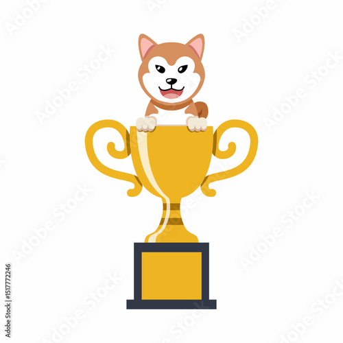 Cartoon character akita inu dog with gold trophy cup award
