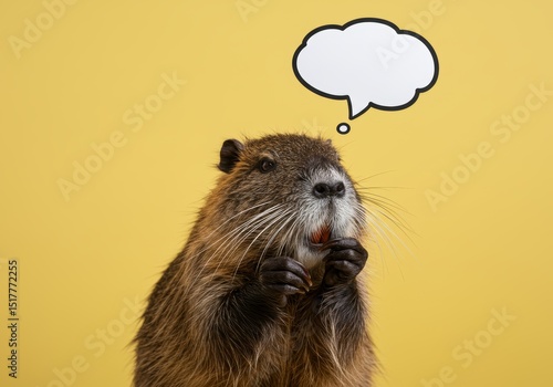Contemplative coypu gazing upwards with a thought bubble above head on yellow background