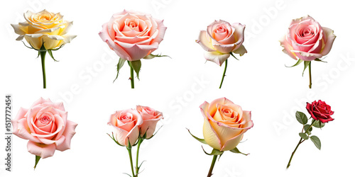 Fototapeta Naklejka Na Ścianę i Meble -  Assorted collection of eight vibrant roses in various colors including yellow, pink, and red on a transparent background, isolated for easy use in designs or presentations.