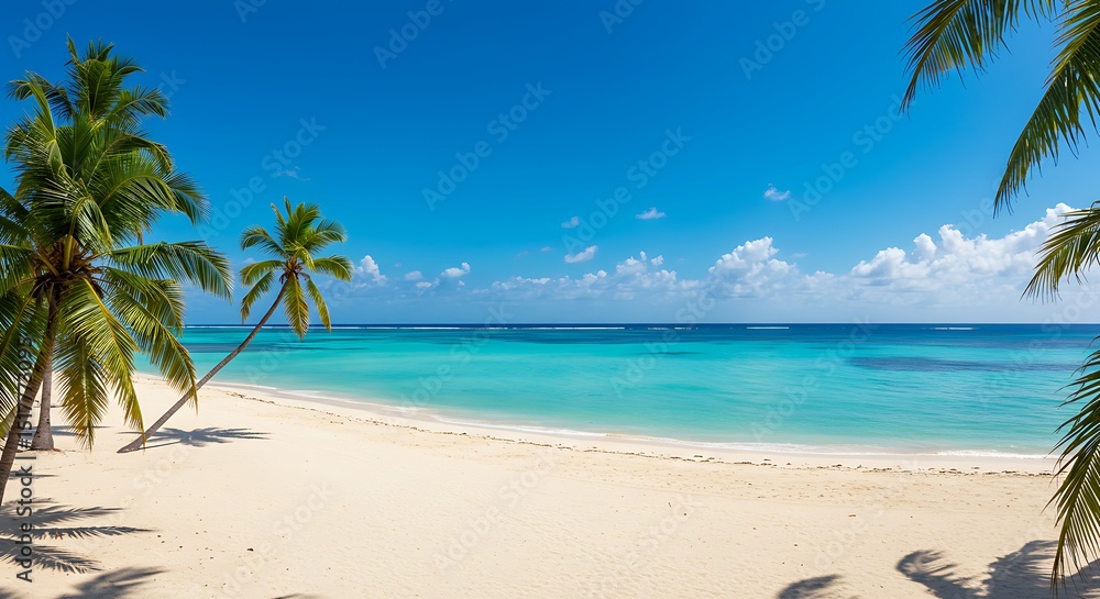 Tropical beach paradise with turquoise water and leaning palm tree under a clear blue sky Tropical beach paradise with turquoise water and leaning palm tree under a clear blue sky