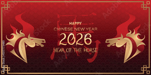 Happy Chinese New Year 2026. A fiery horse on a textured background. Congratulations and a hieroglyph for a horse. Silhouette of a horse against a background of fire. Chinese New Year. The Fiery Horse