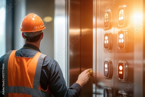 Worker in safety gear operating elevator buttons in a modern building with soft lighting