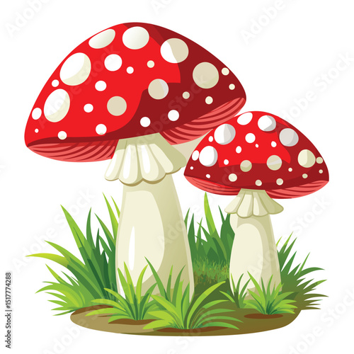 Two cartoon fly agaric mushrooms with grass isolated on white background