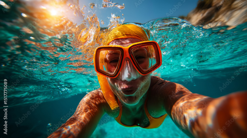Naklejka premium Woman swimming underwater in tropical sea with snorkel mask and vibrant sunlight reflections