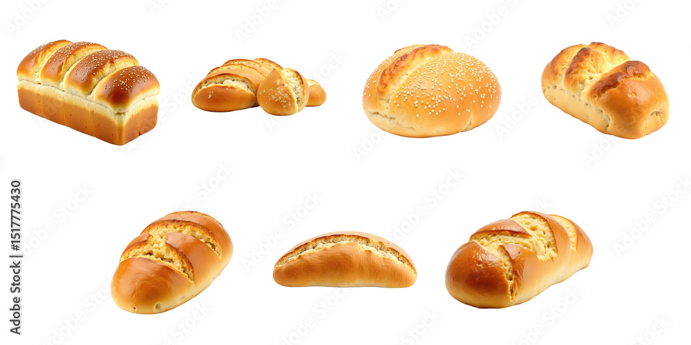 Assorted fresh bread loaves including sliced bread, rolls, and specialty bread displayed on a transparent background with detailed textures and colors Assorted fresh bread loaves including sliced bread, rolls, and specialty bread displayed on a transparent background with detailed textures and colors
