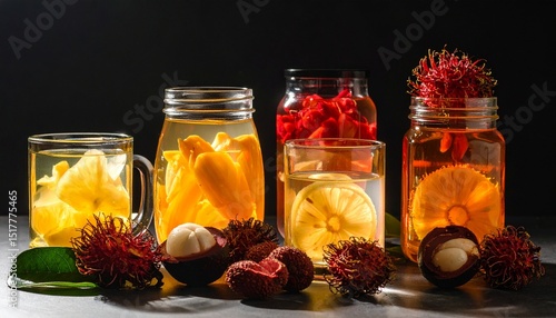 Exotic Fruit Infusions A Still Life of Tropical Delights in Glass Jars