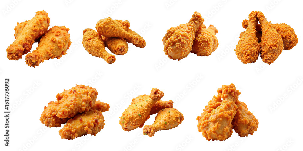 Naklejka premium crispy fried chicken pieces assorted in various arrangements isolated on transparent background with clear visibility of texture and details
