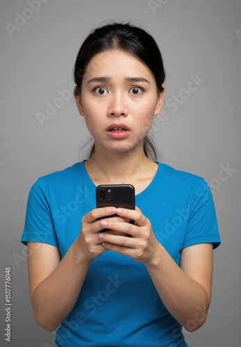 young asian girl with mobile phone, confused expression