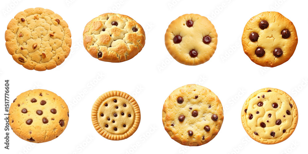 variety of different cookies displayed in a grid formation isolated on transparent background featuring chocolate chips and various textures variety of different cookies displayed in a grid formation isolated on transparent background featuring chocolate chips and various textures