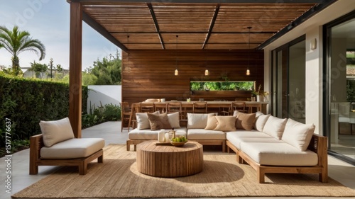 Outdoor patio with wooden pergola and seating