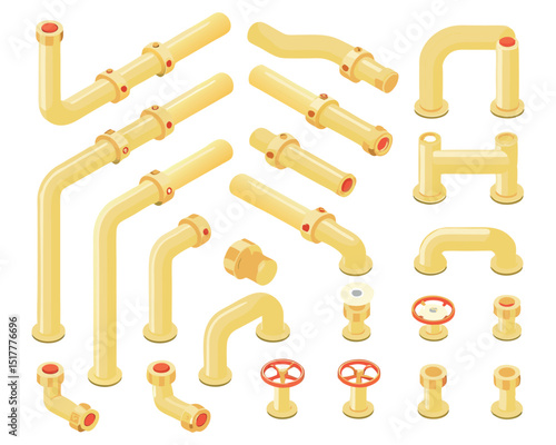 Collection of isometric yellow gas pipe components including valves and connectors, designed for industrial plumbing or factory system illustrations on white.