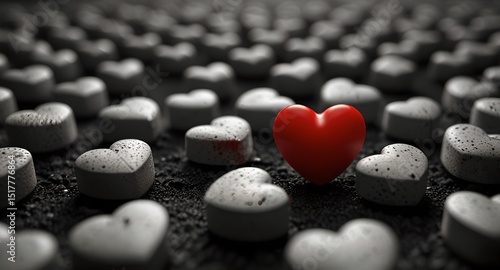 A striking red heart is surrounded by gray hearts in a black-and-white image, highlighting its distinctiveness.  