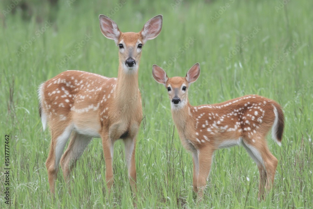 Doe and Fawn Standing in Green Meadow, Representing Family Bonds and Wildlife Conservation Efforts, Showcasing Natural Beauty and Environmental Awareness : Generative AI Doe and Fawn Standing in Green Meadow, Representing Family Bonds and Wildlife Conservation Efforts, Showcasing Natural Beauty and Environmental Awareness : Generative AI